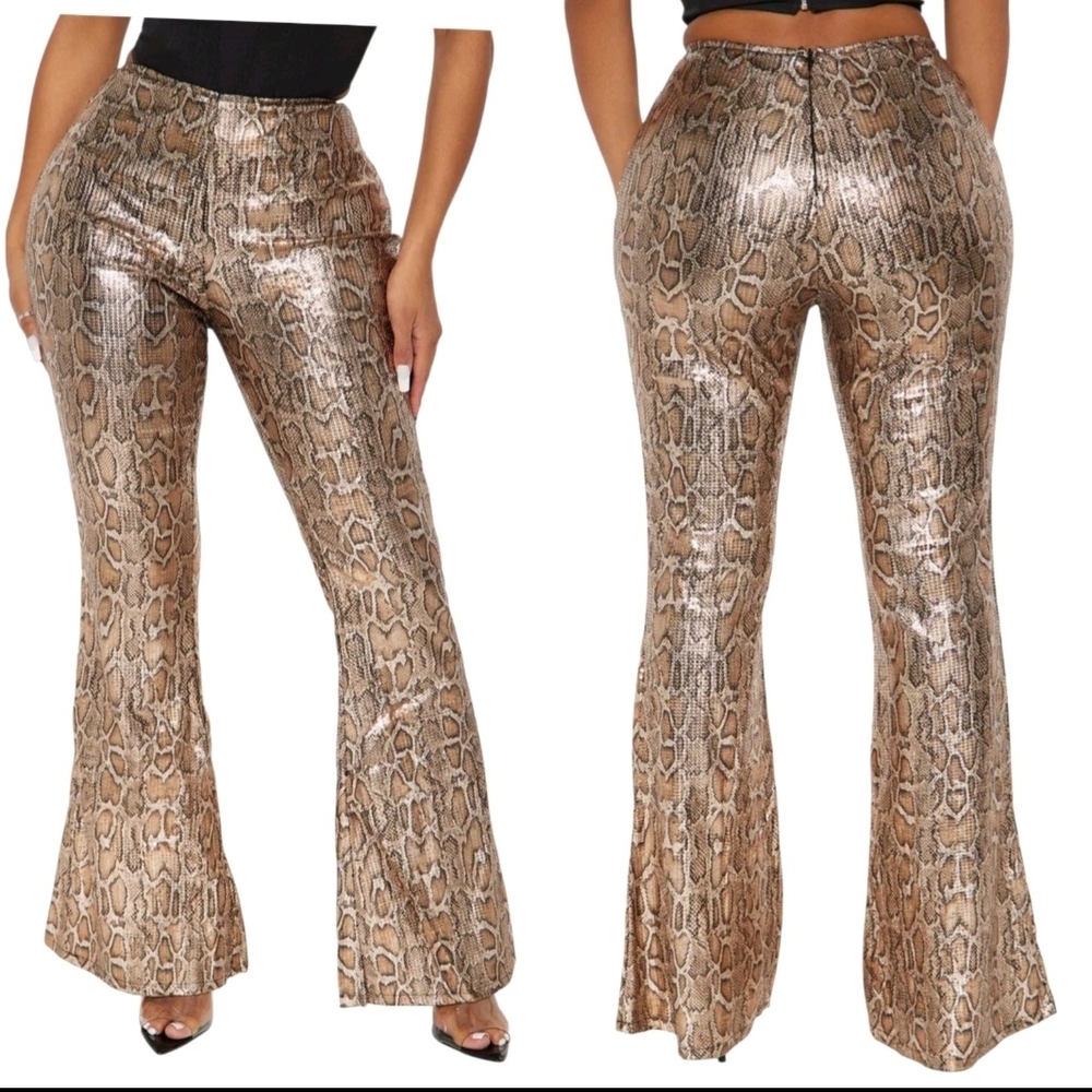 FASHION NOVA Lined Sequin Snakeskin High Rise Flare Pants 2X Gold NEW W/TAGS
